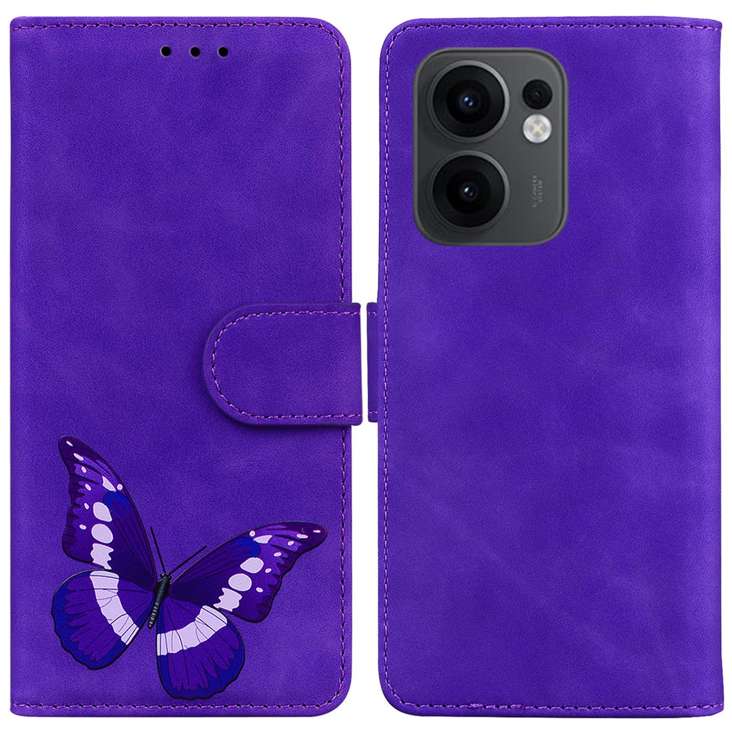 

For Oppo Reno13 F 5G Stand Case PU Leather Phone Cover Butterfly Printed Purple