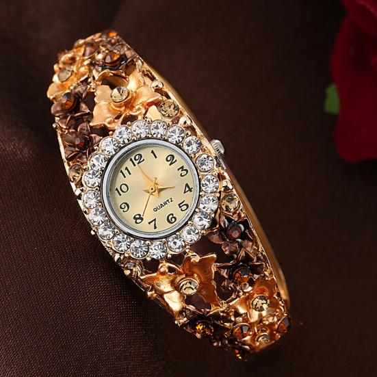Yousheng Women Watch Shiny Rhonestone Flower Butterfly Decor Hollow Out Color Matching Stainless Metal Decorative Quartz Movement Round Dial Wrist