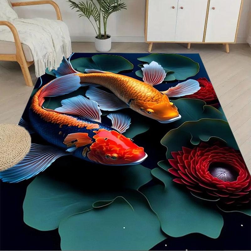 Soft Polyester Area Rug with Double Fish Pattern, Non-Slip Floor Mat for Living Room, Bedroom, Home Decor Crystal