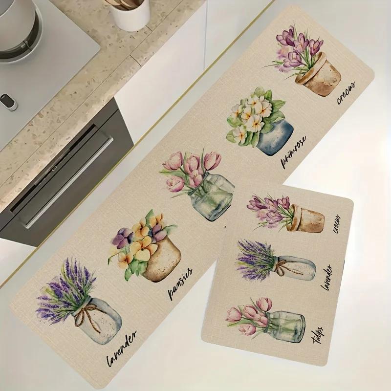 Aquarellblume Küchenbodenmatte Tulpendesign Ultraweich Waschbar Rutschfest Fleckenbeständig Matte für Küche Schlafzimmer Heimdekoration