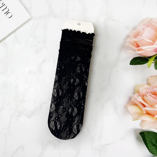 1 Pair Women Socks Hollow Lace Solid Color Mid-tube Thin Anti-slip High Elasticity Sweat-absorption Anti-shrink Daily Piled Socks