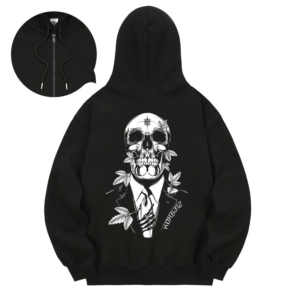 Kan6312 Khzb0090 Skull Suit Fleece-Lined Zip-Up Hoodie Black