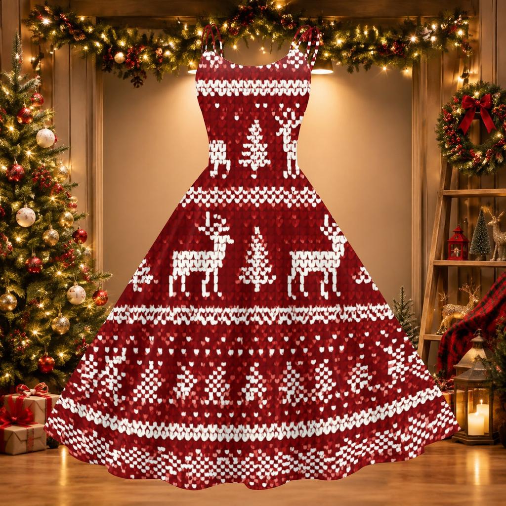 Women's Casual Retro Christmas Print Round Neck Dress, Stylish Holiday Party Outfit
