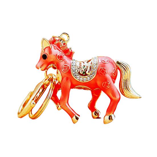 Keychain Pendant Double-Sided Rhinestone Chinese Zodiac Fortune-Attracting Horse Key Chain Metal Handbag Charm