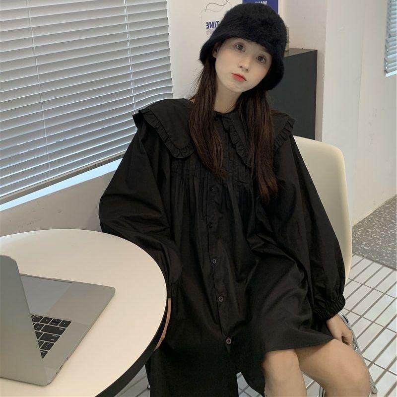 

Рубашки женские весенние клетчатые с воротником Питер Пэн оборки свободные универсальные студенческие японские женские кавайные сорочки женские топы черные XS чёрный