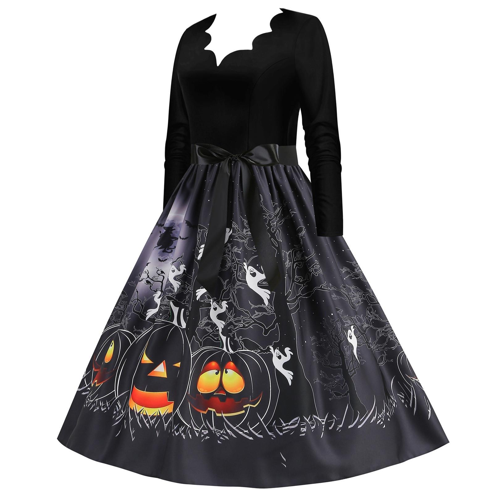 Женские платья Хэллоуин принтованное платье с V-образным вырезом на молнии с длинным — фото 4