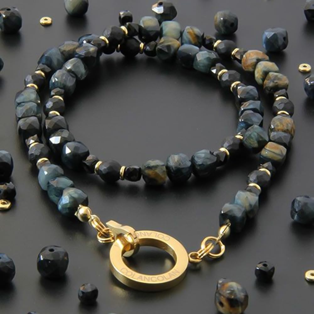 [Kolan Kolan] FORCE 5 Polyhedral Cube Necklace with Dark Blue Tiger Eye Negative Ion Relaxing Stone (Small, approx. 40cm)