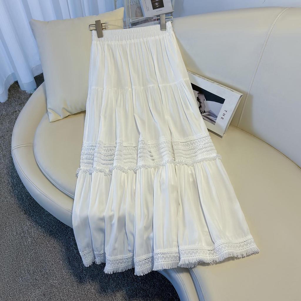 Spring 2026 Women's High-Waisted Skirt: Mid-Length Lace Ruffle, Elastic Waist, Slimming A-Line with Wide Hem.