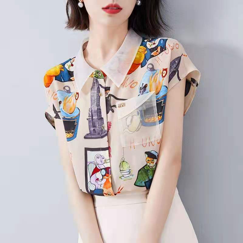 Szyfonowa koszula z kwiatowym nadrukiem Letnia, luźna bluzka damska z krótkim rękawem i dekoltem w kształcie lalki