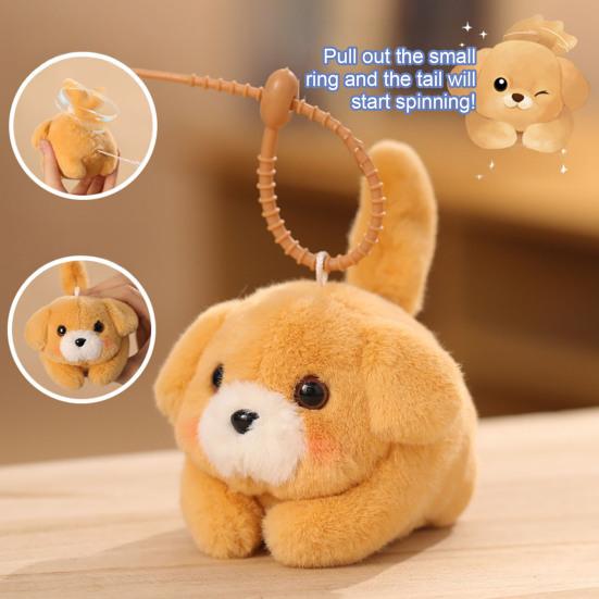 Puppy Plush Keychain with Pull-String Wagging Tail Cute Squeaky Cat Stuffed Toy for Bags Backpacks Soft Huggable Interactive Birthday Gift for Kids