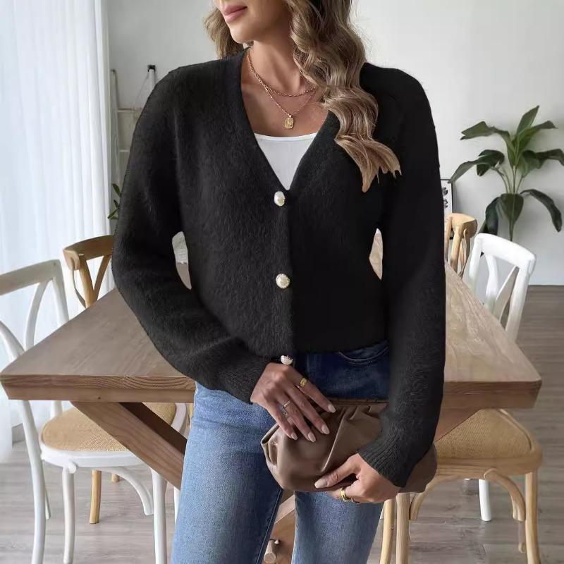 Women Faux Mink Fur V Neck Long Sleeve Knit Button Cardigan Sweater