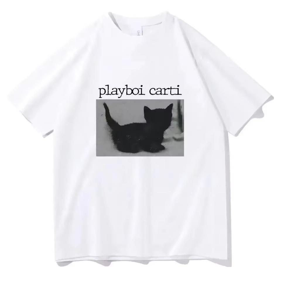

New Fashion Playboi Carti T Shirts Unisex Women Cute Cat Harajuku Print Tees HipHop Short Sleeve Cotton ONeck Tops Rapper TShirt XL