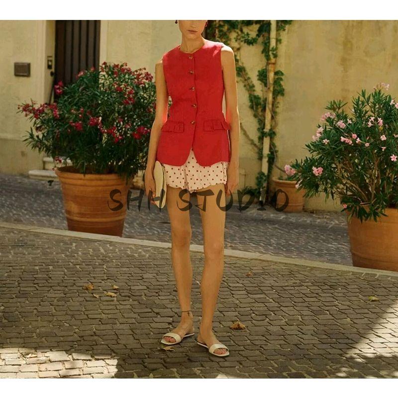 Spring and Summer Women's Clothing Commute Style Minimalist All-Matching Slim Fit Round Neck Sleeveless Single-Breasted Short Vest Vest