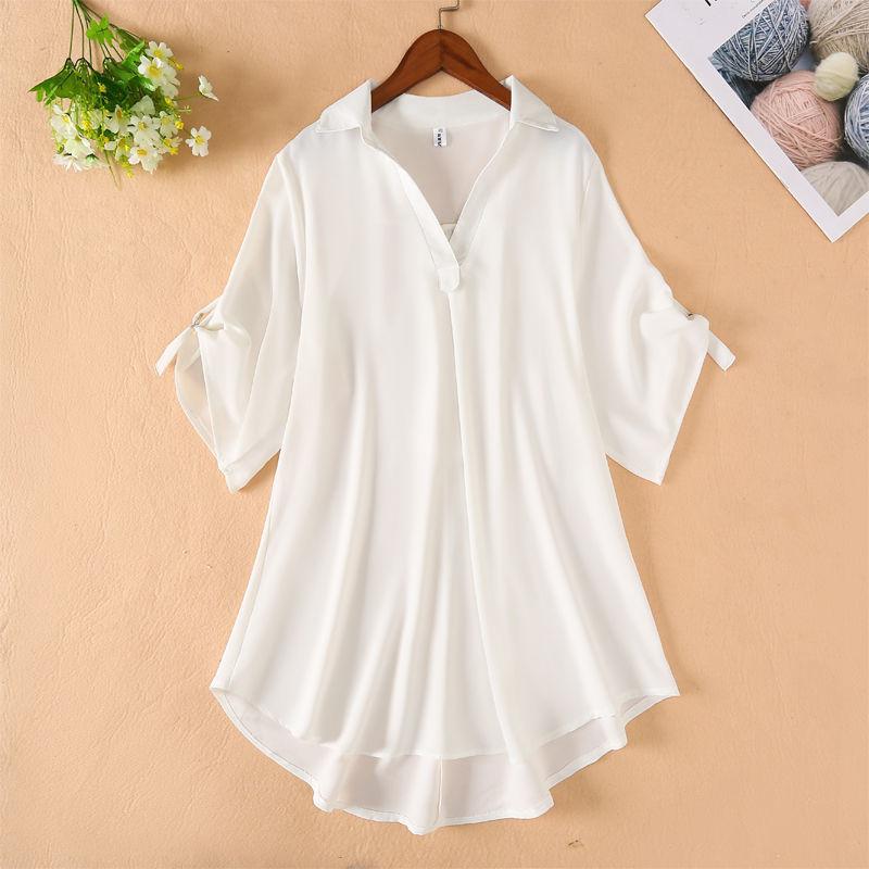 Short Sleeve Shirt Summer Women's Front Short Back Long Shirt Large Chiffon Shirt Half Open Collar Shirt