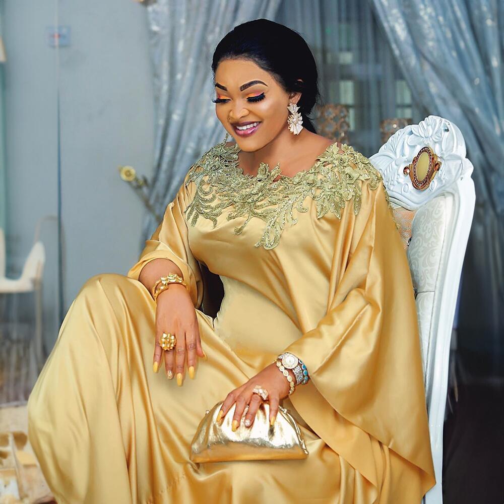 African Women's Long Silk Dress with Diamond Lace and Round Neck