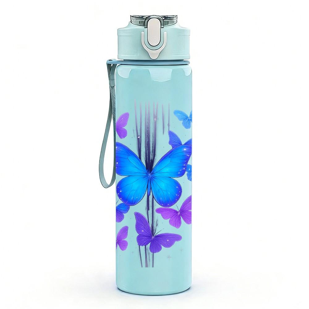 1PC Purple Butterfly Colorful Wings 750ml Color Plastic Sports Water Bottle Leakproof Flip Straw Lid Suitable for Sports Office Home Use