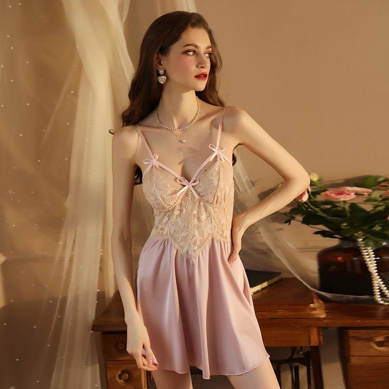 Summer and Autumn Sexy Deep V Lace Satin Perspective Suspended Sleeping Dress