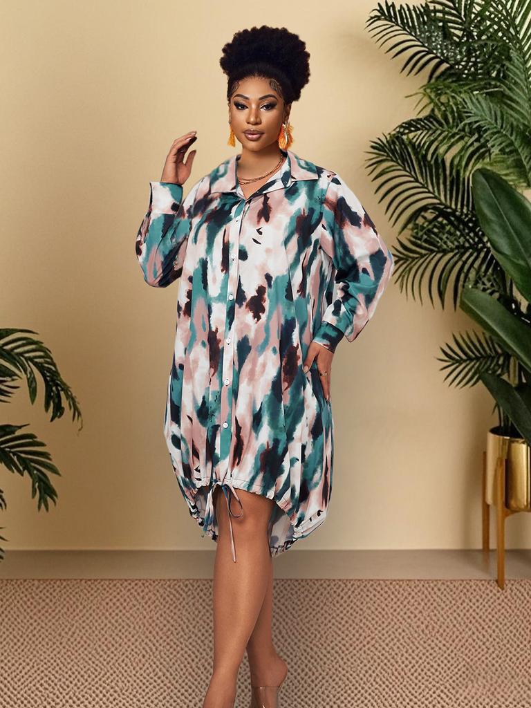 Cross-border hem closed dress Amazon long dress European and American plus size loose long-sleeved polo collar dress women