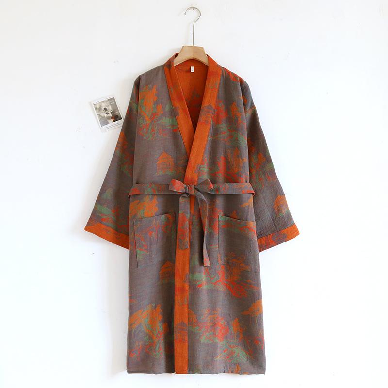 Spring Jacquard High Quality Color Woven Cotton Double Layer Gauze Sleeping Robes for Women Medium Length Yukata Bathrobe