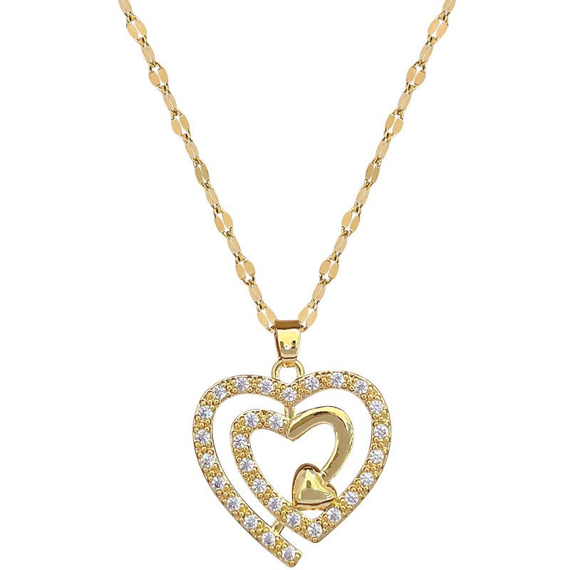Three-Layer Love Full Diamond Light Luxury Temperament Gorgeous Full Diamond Necklace Female Versatile Collarbone Chain Titanium Steel Chain
