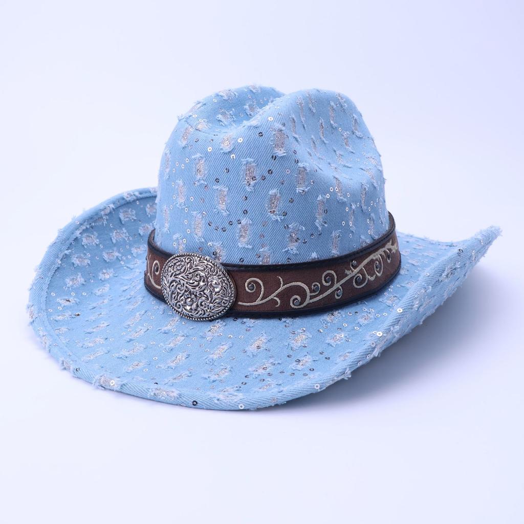 Stylish And High-Quality Old Denim Warped Edge Jazz Hat Can Be Worn In All Seasons, Men'S And Women'S Top Hats, Western Denim Hats