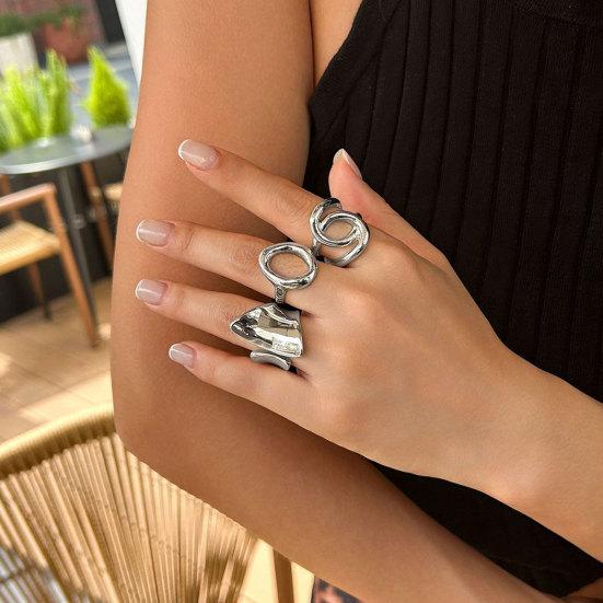 3Pcs/Set Alloy Plating Process Ring Set Exaggerated Geometric Finger Ring Adjustable Opening Design