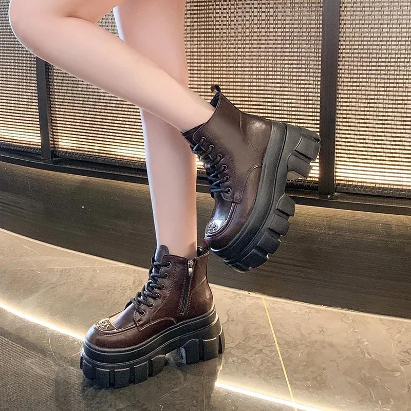 Modă 9CM Femei Piele Botine Gleznă Nou 2024 Toamnă Iarnă Pluș Cald Tocuri Pană Botine Groase Cizme Motociclete Fermoar Negru Pantofi Blană