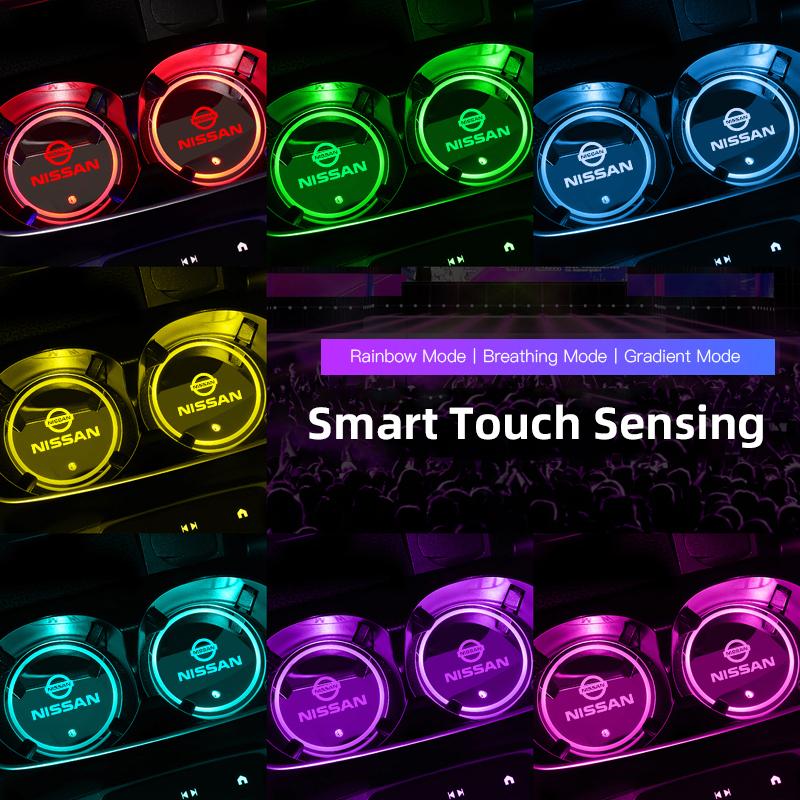 For Nissan ADFG37 Color Car Coaster Cup Pad Smart LED Atmosphere Light Mat For Nissan Qashqai J11 J12 Sylphy N7 Teana Note Navara Juke GTR Tiida