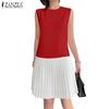 ZANZEA Women Casual Round Neck Sleeveless Pleated Patchwork Dress