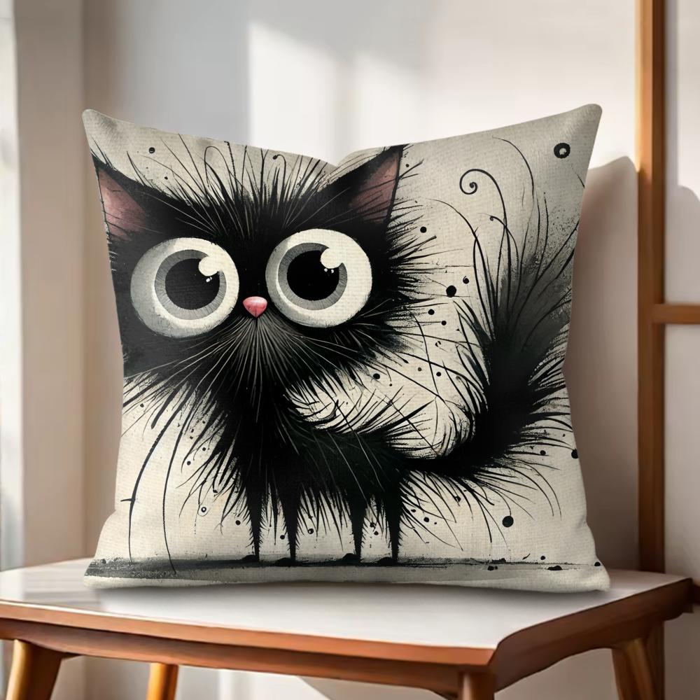Whimsical Cat Cushion Cover Natural Linen Organic Fabric DoubleSided Printing Couch Pillow Covers Home Decor Gift