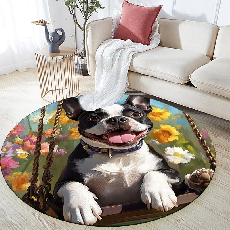 Boston Terrier Oil Painting Pattern Round rug,Carpet Rug for Living Room Bedroom  Playroom ,Non-slip Floor Mat,Holiday Gifts and Birthday Gifts.