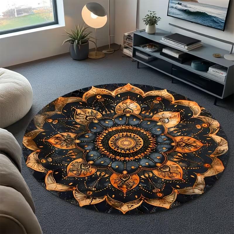 Luxury Boho Mandala Round Rug Visual Style Ethnic Lotus Print Soft Non Slip Circle Mat for Living Room Bedroom Yoga Decor