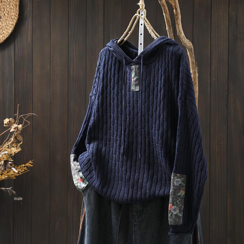 Women's Retro Ethnic Drawstring Hooded Appliqué Knit Cotton Sweater - Loose Plus Size for Spring & Autumn