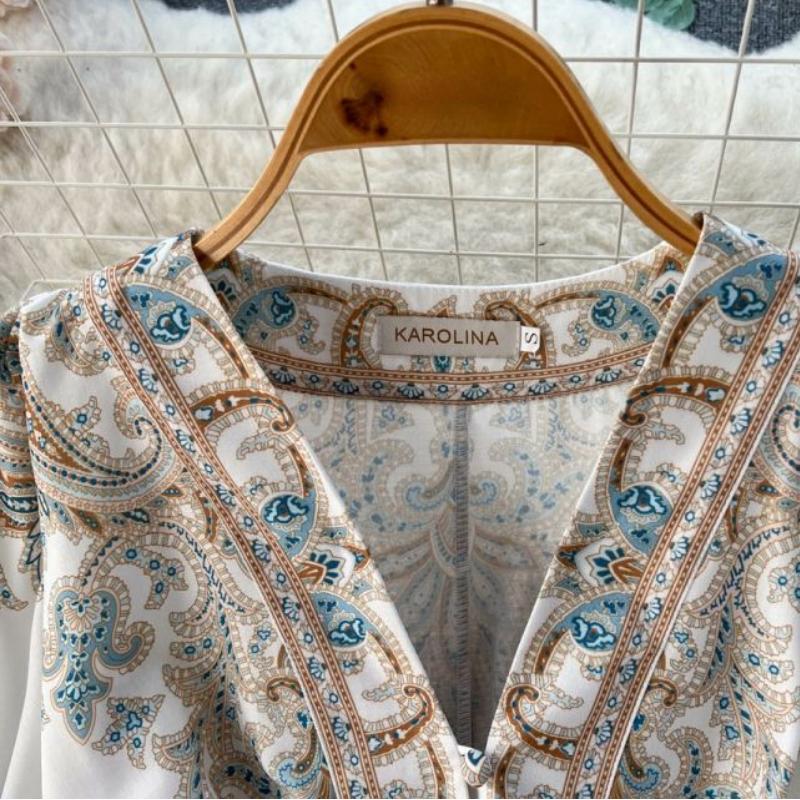 Court Style Retro Printing One Piece Dress Women V-neck Elegant Short Party Dresses Female French Belt High Waist Chic Dress Vacation