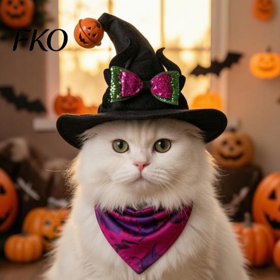 Halloween Pet Accessories Cat Wizard Hat, Bent Pointed Hat with Pumpkin Bell, Festive Costume Sequined Bow for Cats Small Dogs