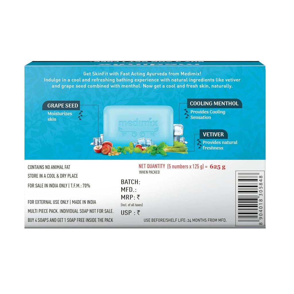 Medimix Ayurvedic Cool Bathing Soap 125Gx 5 Soap With Menthol Vetiver Grape Seed Natural Vegan Combo Pack