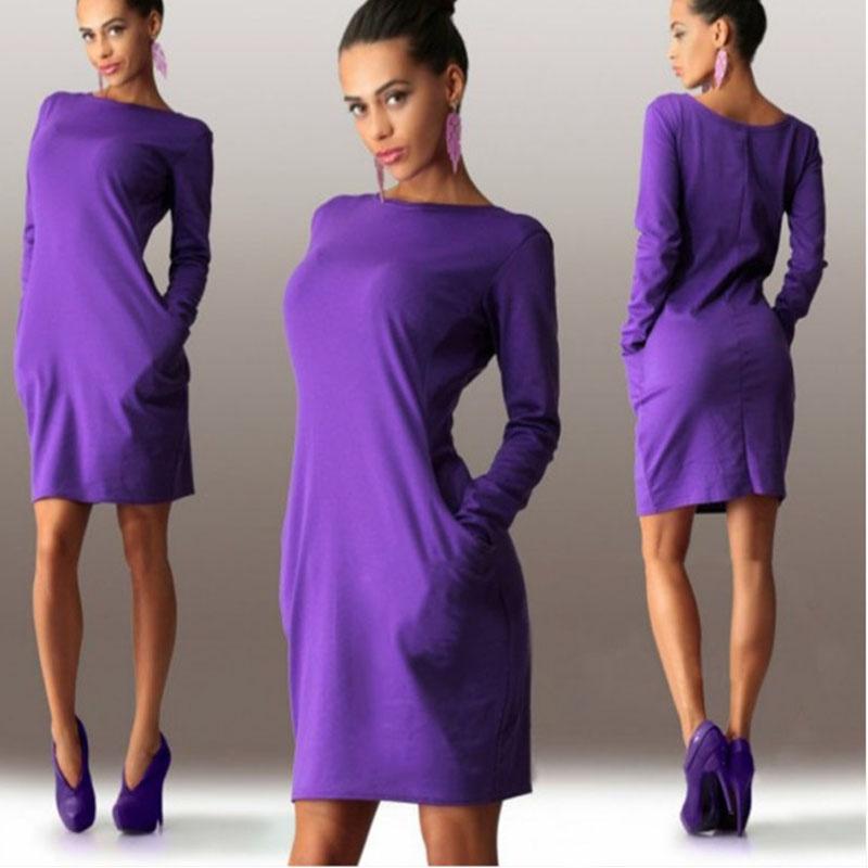 Elegant Summer Solid Casual O Neck Long Sleeve Bodycon Dress With Pockets