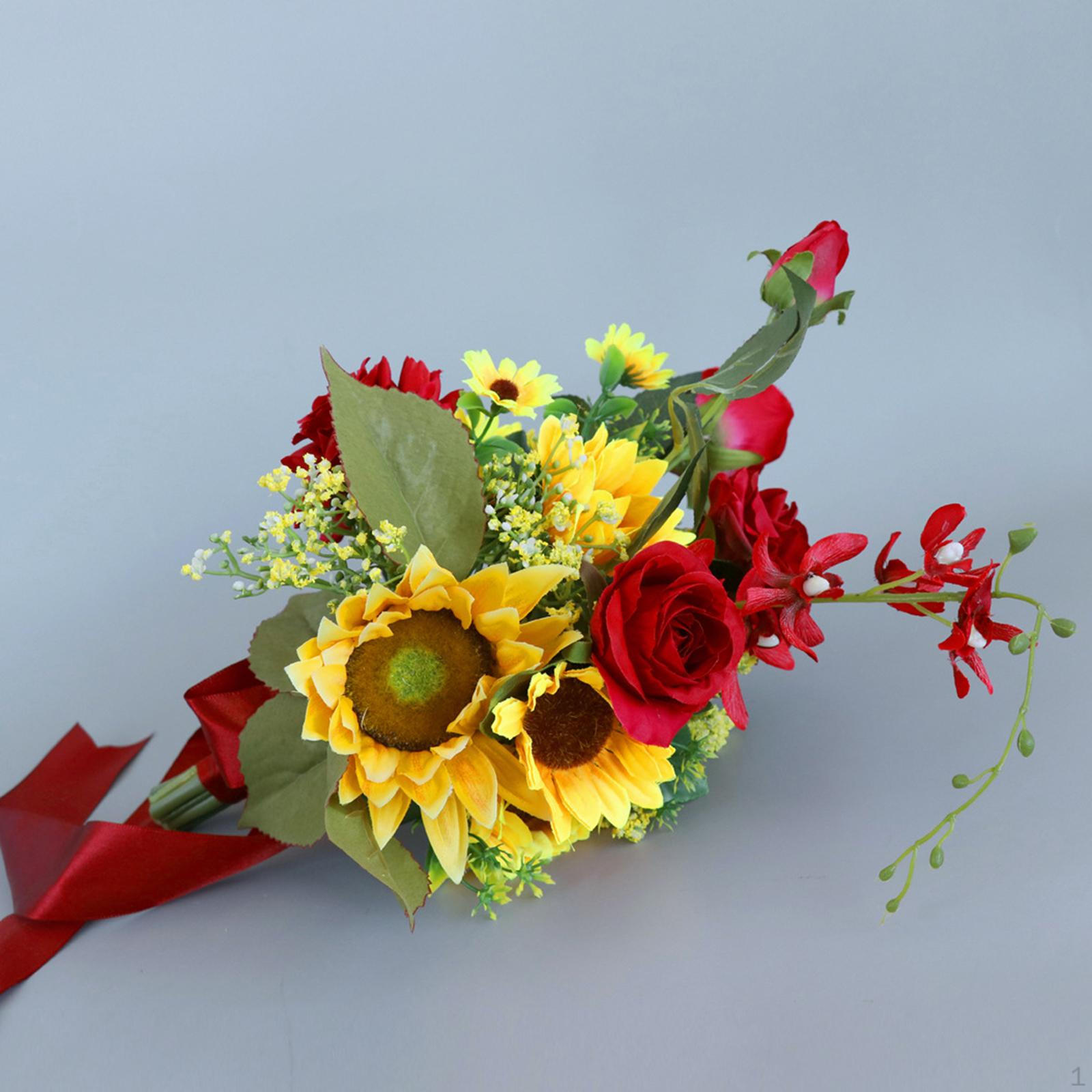 Wedding Bouquet Artificial Flowers with Ribbon Elegant Sunflower Tossing
