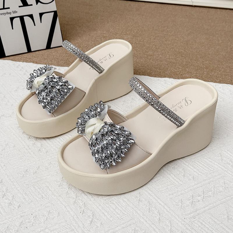 

Новые шлепанцы-мюли с бантом из страз, пляжные сандалии, повседневные, для отпуска, уличные тапочки, женская обувь 40 бежевый