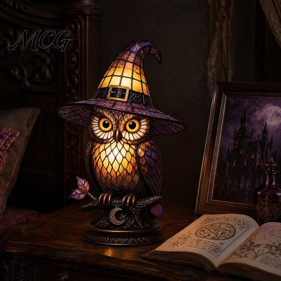 Vintage Style Table Lamp Witch Hat Lamp, Stained LED Light, Halloween with Warm Glow, Gothic Reading Nook Decor Night Light for Bedroom Mantel