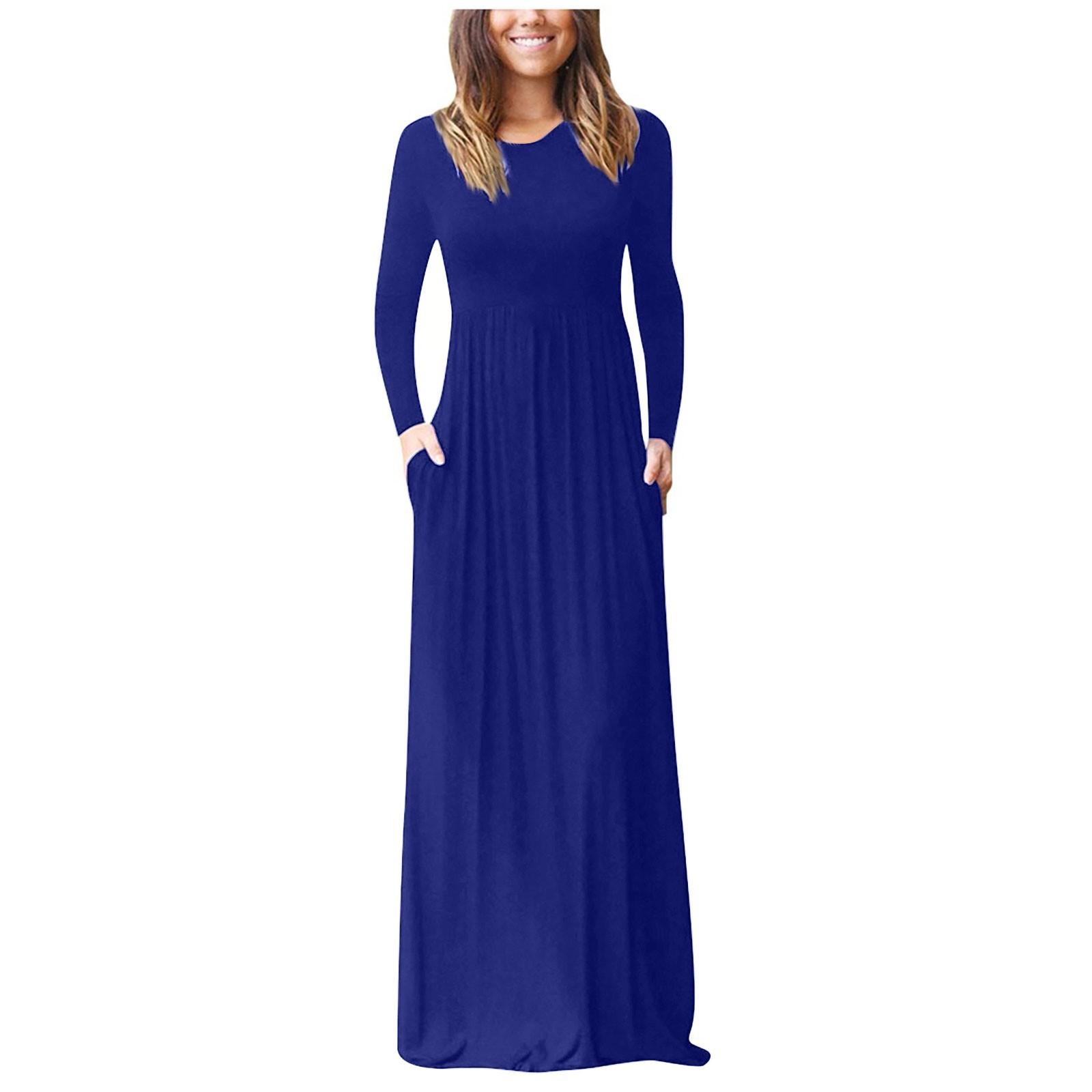 Women Long Sleeve Loose Plain Maxi Pockets Dresses Casual Long Dresses XXXL синий