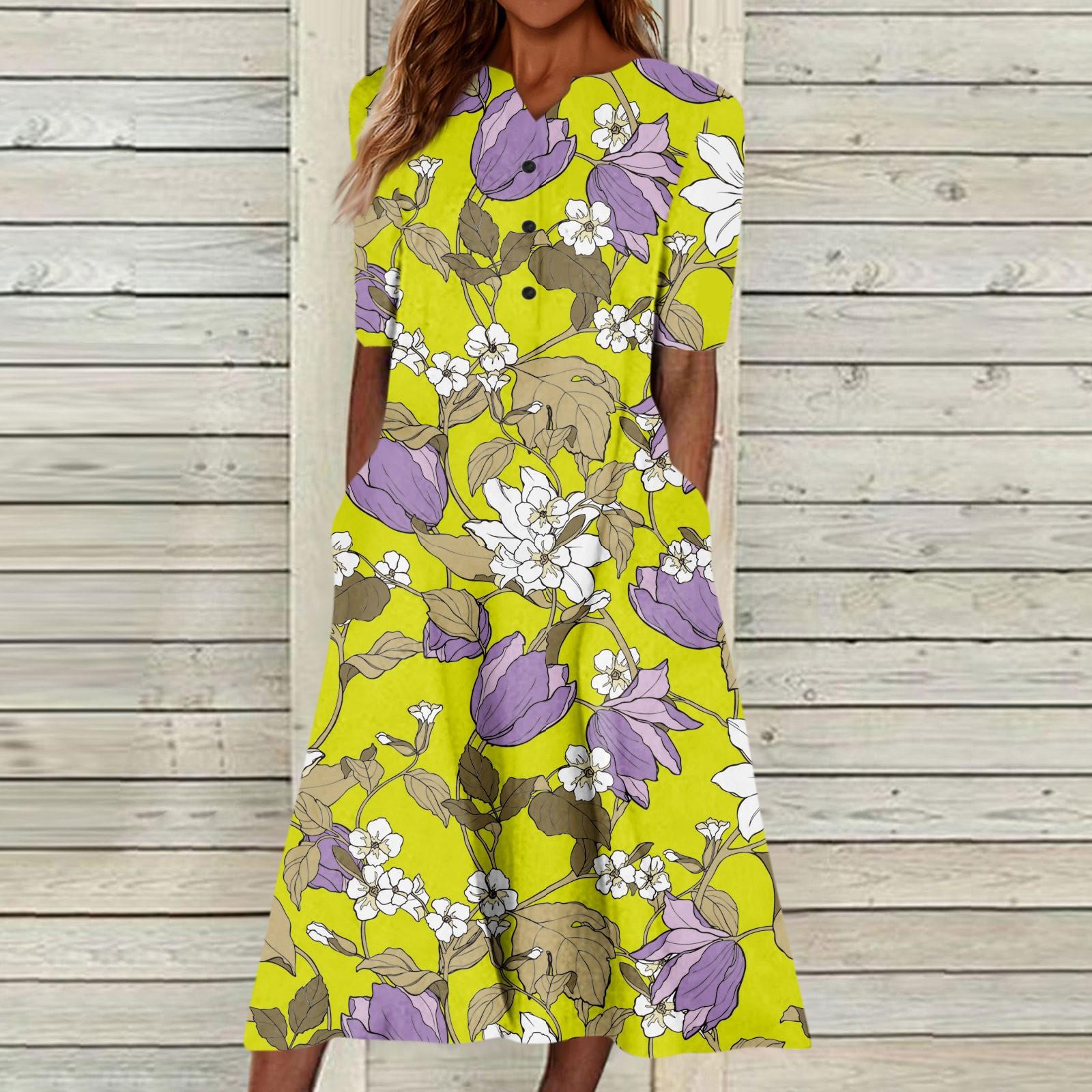 

Женское летнее повседневное модное платье с коротким рукавом и карманом на пуговицах с цветочным принтом S жёлтый