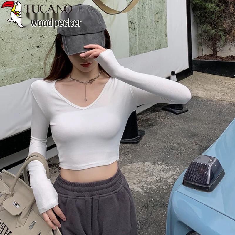 Women s Slim Fit Cropped Long Sleeve V-Neck T-Shirt M