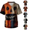 Men's Short Sleeve V-Neck Scrub Top with Chest Pocket Halloween Print for Work and Costume