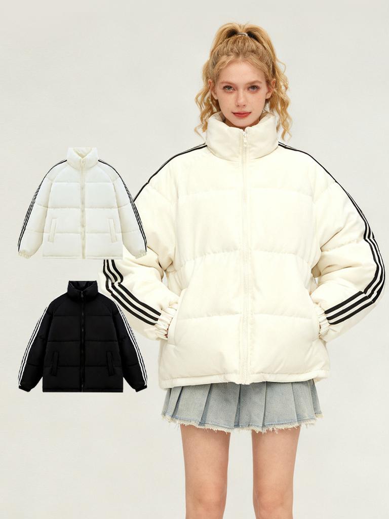 Winter Thick Puffer Coat for Women, Striped Casual Warm Coat for Couples, Thick Padding Jacket