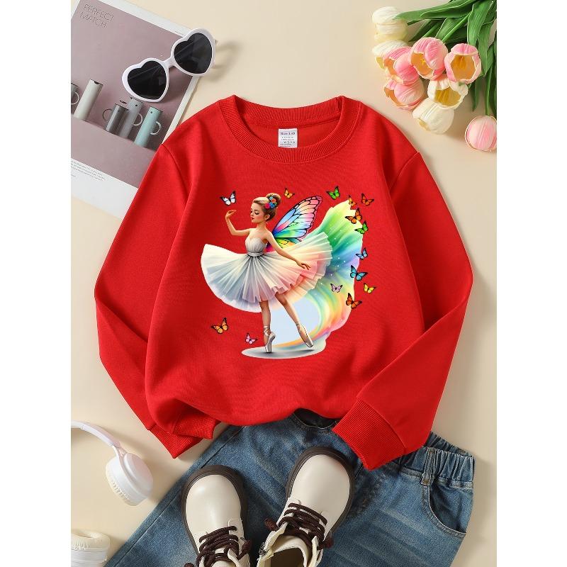 Girls' Crew Neck Sweatshirt Ballerina with Butterflies Rainbow Wings, Soft Cozy Pullover, Warm Casual Outfit for Autumn And Winter