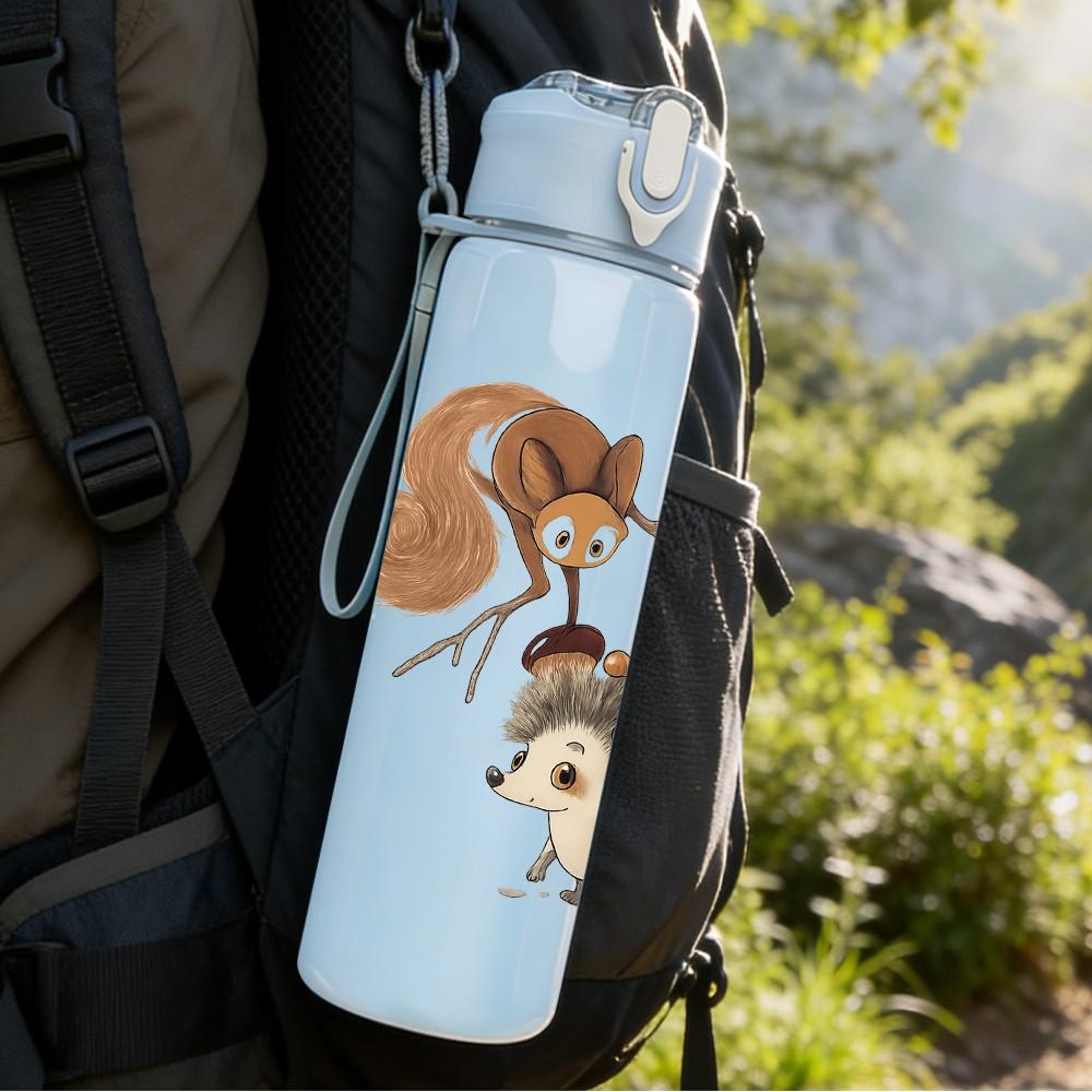 1PC Squirrel Twig Pattern 750ml Color Plastic Sports Water Bottle Leakproof Flip Straw Lid Suitable for Sports Office Home Use