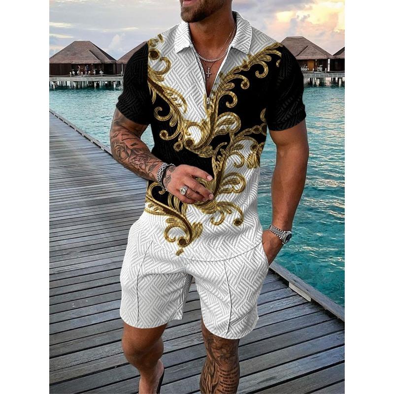 Mens Casual 3D Lion Print Half Zip Shirt And Shorts Two Piece Set