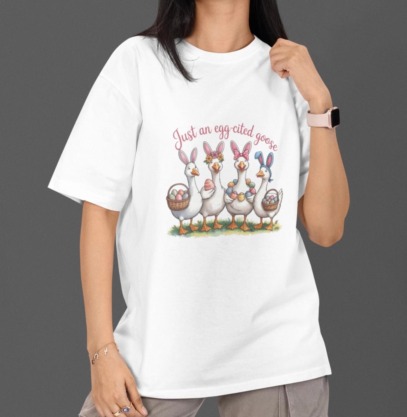 Easter Goose Shirt Funny Egg-cited Goose Bunny Eggs Spring Tee Gift Unisex L