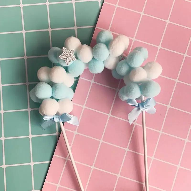 Pink Blue Soft Pompom Cloud Cake Topper Baby Shower Birthday DIY Cake Top Flags Decoration Festival Party Supplies.